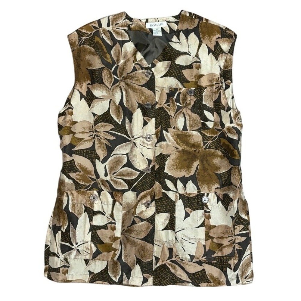 Vintage Bogari 100% Silk Floral‎ Vest Sz M Brown Neutral